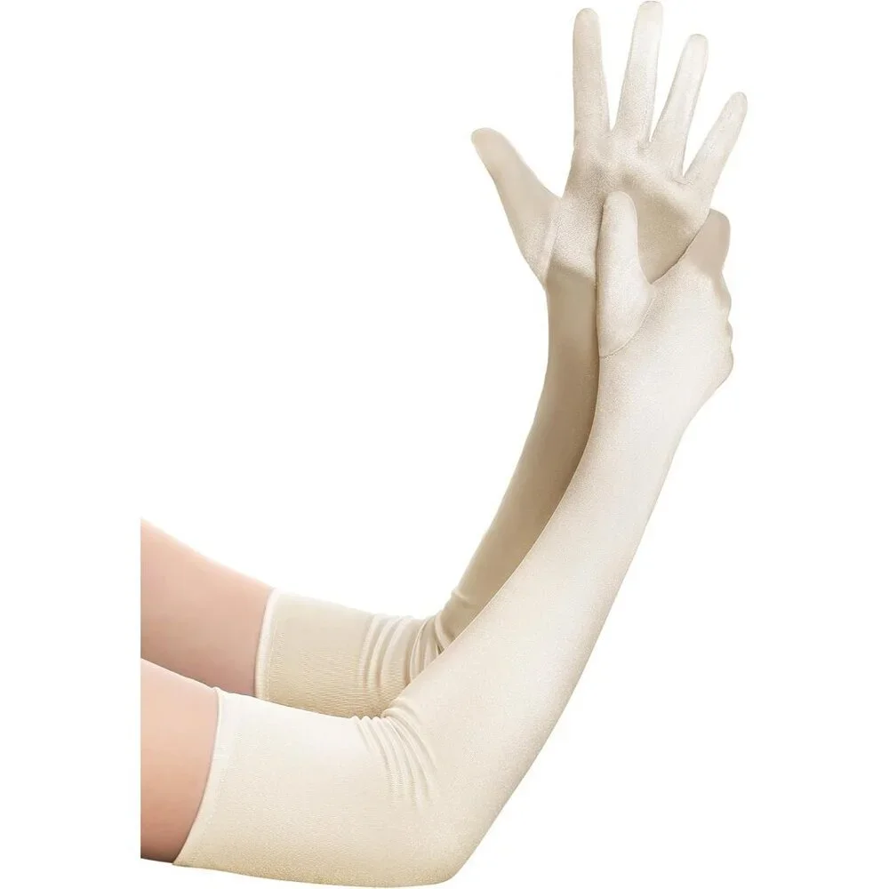 Women's Champagne Vintage Satin Long Gloves Party Costume Stretchy Elbow Length